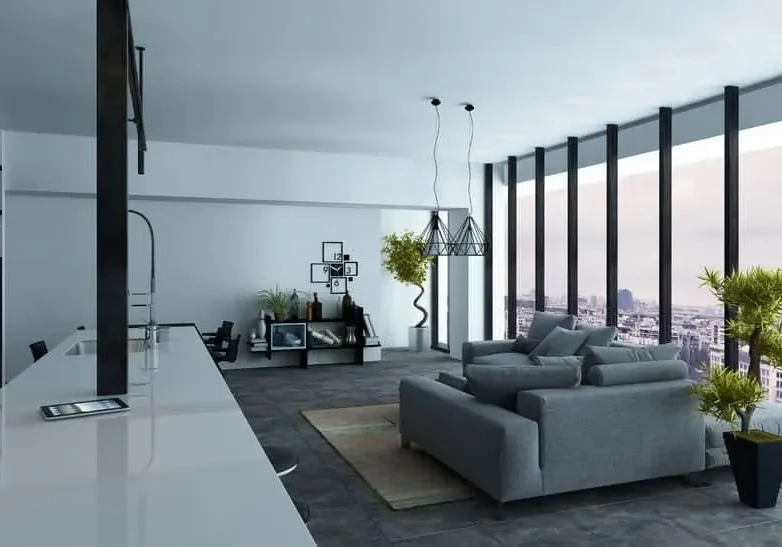 Modern large living room interior featuring panoramic windows and sleek grey and white decor, 3D visualization.