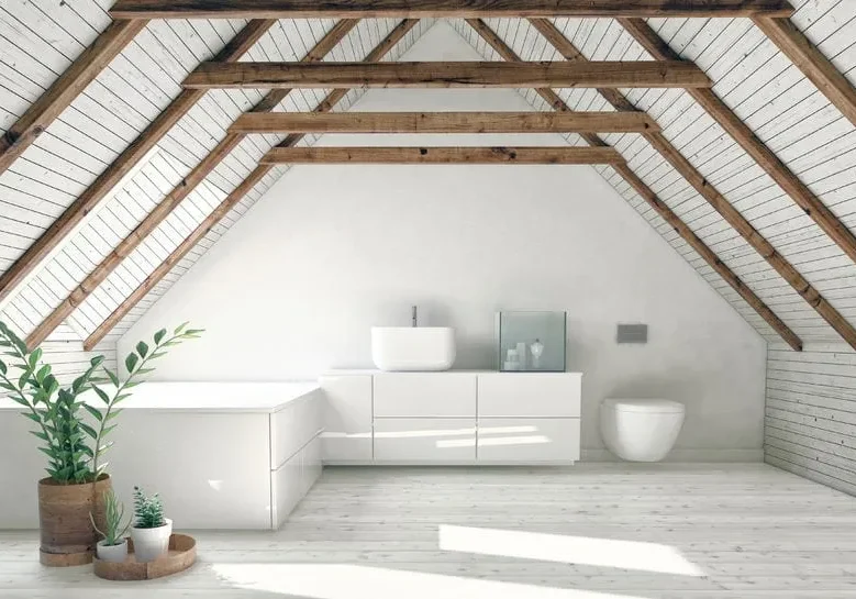 loft-converted-to-modern_bathroom Loft space converted into a sleek, modern bathroom with contemporary fixtures.